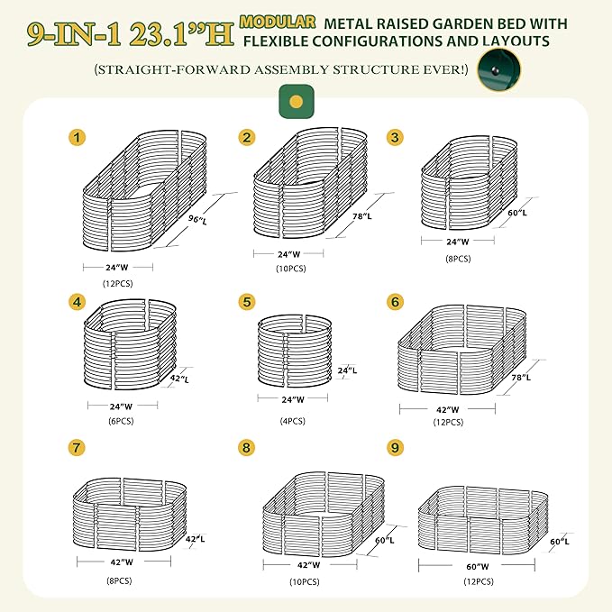 MUPATER Galvanized Raised Garden Bed 8x2x2ft 9-in-1 Metal Raised Planter Box with Aluminum Support Rods Oval for Outdoor Vegetable Flower Backyard and Patio Green