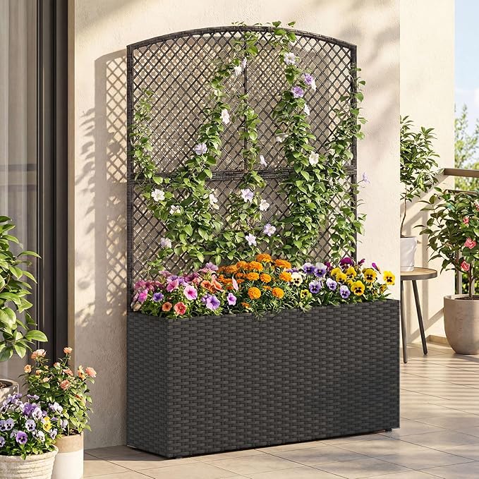 BECOMFORT 58”H Raised Garden Bed with Trellis Tall Wicker Planter Box with Privacy Screen Liner &amp Drainage for Balcony Yard PE Rattan Outdoor Flower Box for Climbing Plants Vegetables &amp Fl