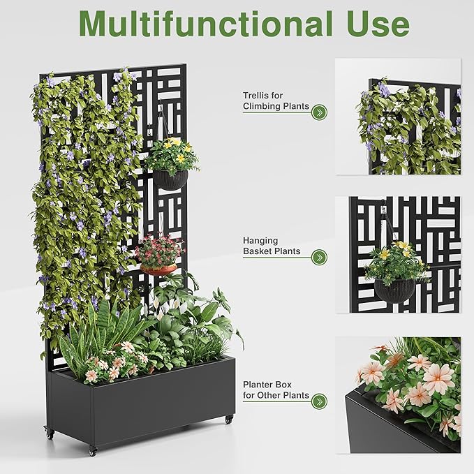 Casaphoria Metal Raised Garden Bed with Trellis and Wheels 72x35x16 Planter Box for Climbing Plants Vegetables &amp Vines Features Drainage Holes and Privacy Screen (Black-Helen)