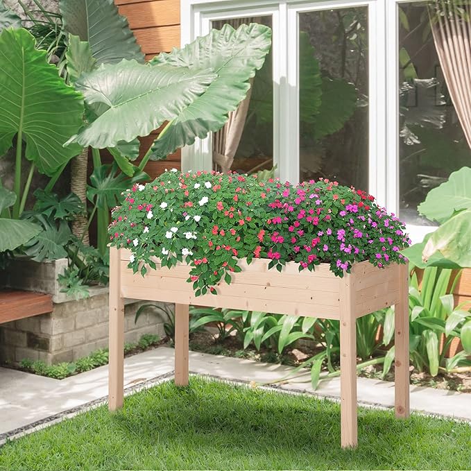 Raised Garden Bed with Legs 48 x 22 x 30 Elevated Wooden Planter Box Self-Draining with Bed Liner for Vegetables Herbs and Flowers Backyard Patio Balcony Use Natural
