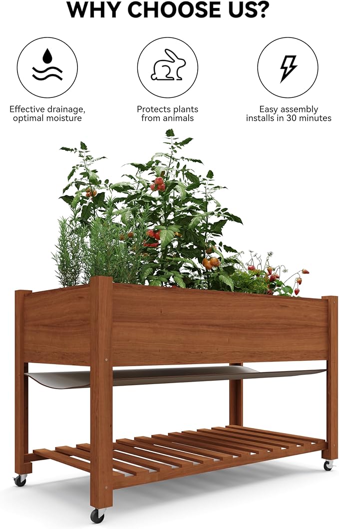 GarveeHome Raised Garden Bed 48x24x32 in Mobile Elevated Wood Planter Raised Beds w/Lockable Wheels Storage Shelf and Protective Liner for Indoor/Outdoor GardeningAcorn Brown