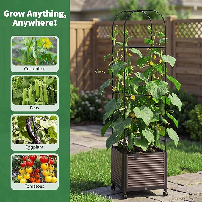 Raised Garden Bed Planter Box with Trellis 61''H Tomato Planters for Climbing Plants Vegetable Vine Flowers Outdoor Patio Tomato Cage Self Watering Planter with Wheels