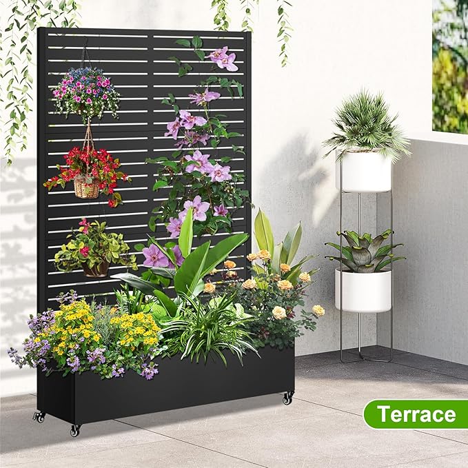 Metal Planter Box with Trellis 72x47x16 Metal Raised Garden Bed with Trellis Trellis Planter Box with Drainage Holes &amp Lockable Casters for Climbing Plants Vegetables and Vines