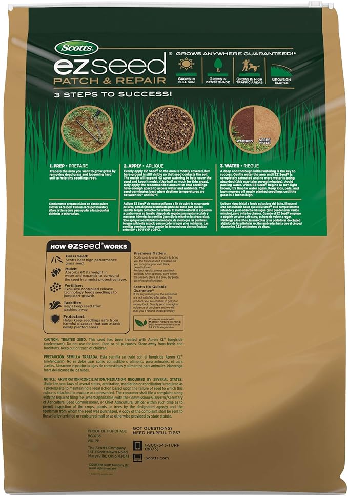 Scotts EZ Seed Patch &amp Repair for Sun and Shade Combination Mulch Sun and Shade Grass Seed and Fertilizer for Bare Spots and Repair Grows Anywhere 20 lbs.