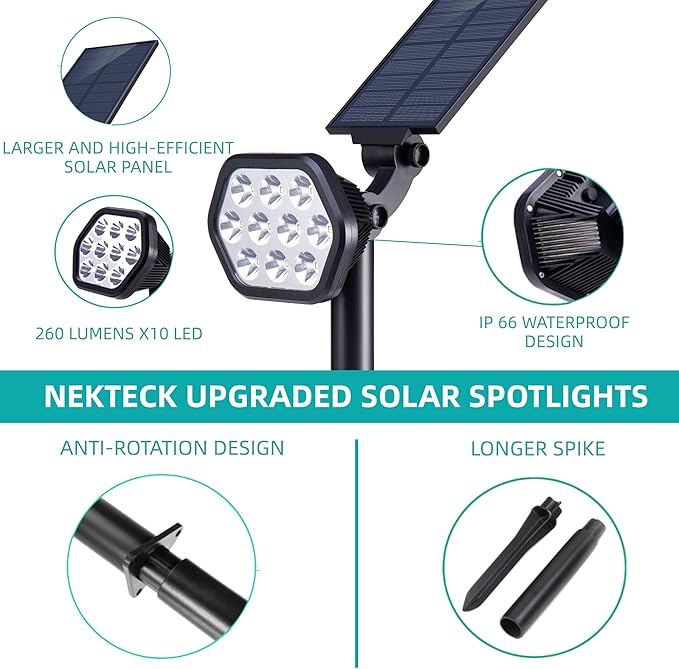 Nekteck Solar Lights Outdoor10 LED Landscape Spotlights Powered Wall Lights 2-in-1 Wireless Adjustable Security Decoration Lighting for Yard Garden Walkway Porch Pool Driveway (2 Pack Warm White)