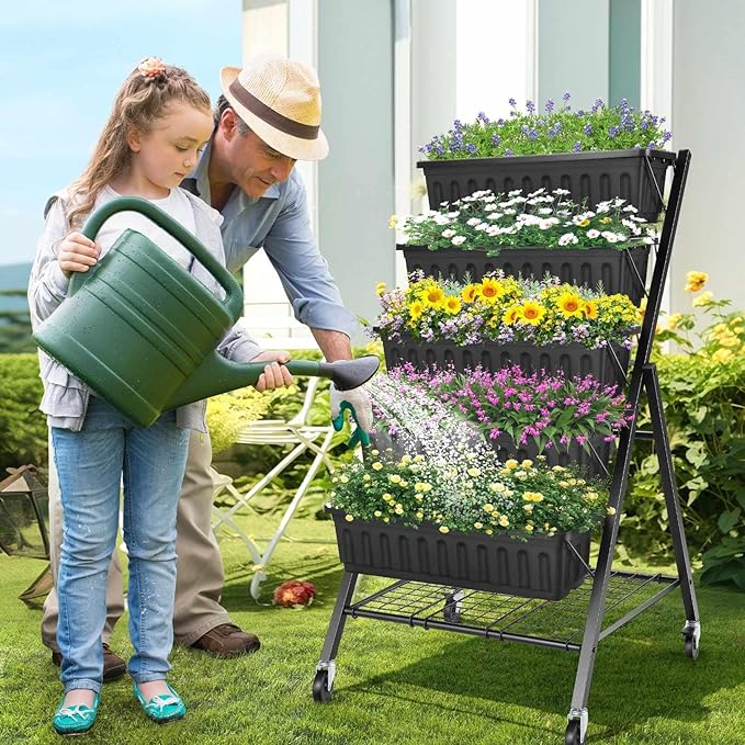 SEJOV 5-Tier Raised Garden Bed 4FT Vertical Garden Planter with Storage Rack and Lockable Caster Wheels Indoor Outdoor Raised Planter Box with Drainage System for Vegetables Flowers Herbs Black