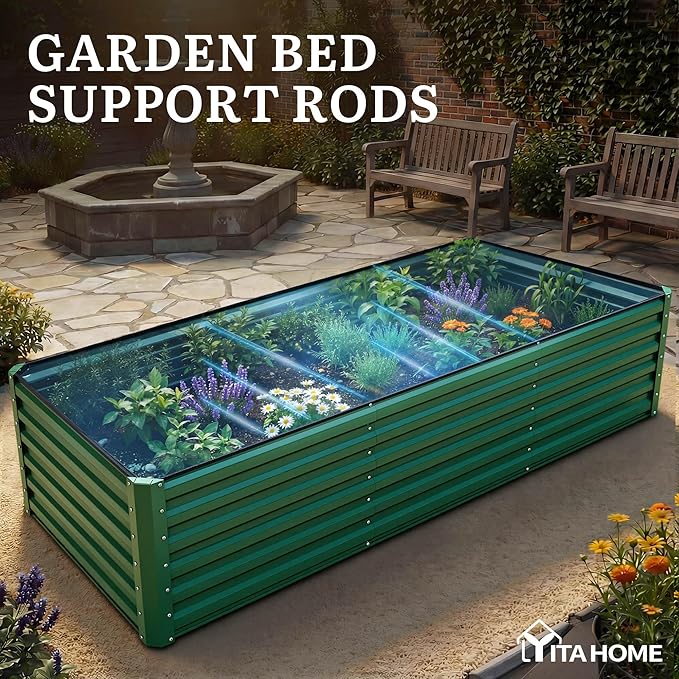 YITAHOME 6pcs 8x4x2 ft Galvanized Raised Garden Bed Kit Large Metal Planter Box with Gloves Safety Rubber &amp Support Rod Outdoor Flower Bed for Plants Vegetables Green