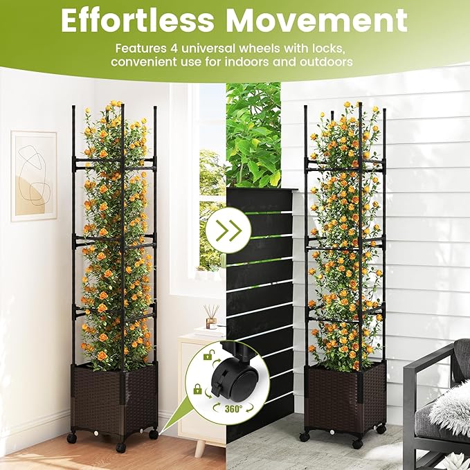 Giantex Raised Garden Bed Planter Box with Trellis 87 Tomato Planter for Climbing Vegetables Flowers Vine Plant Self-Watering Tomato Cage with Wheels for Garden Patio Outdoor &amp Indoor