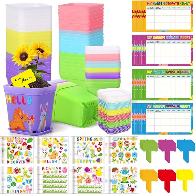 Capoda 48 Sets Garden Flower Pots Crafts Kit DIY Spring Plastic Seedling Nursery Pots with Stickers Plant Labels Growth Charts Planting Growing Tools Classroom Activities Project Gifts (Square)