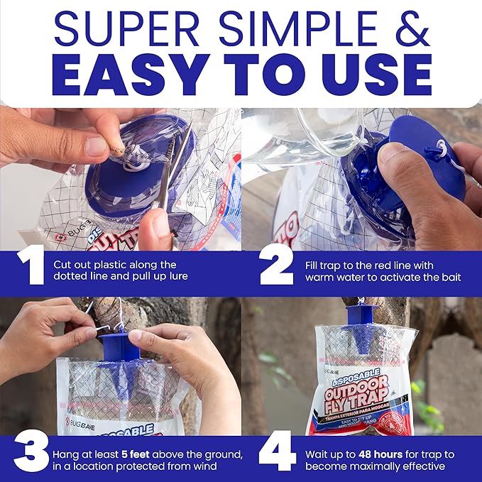 Fly Traps Outdoor Fly Trap for Patio. 4 Large Non-Toxic Pre-Baited Flies Bags Outdoor Disposable. Big Hanging Bug Catchers for All Filth Flies Killer for Outside Bug Control in Yard Horse Ranch