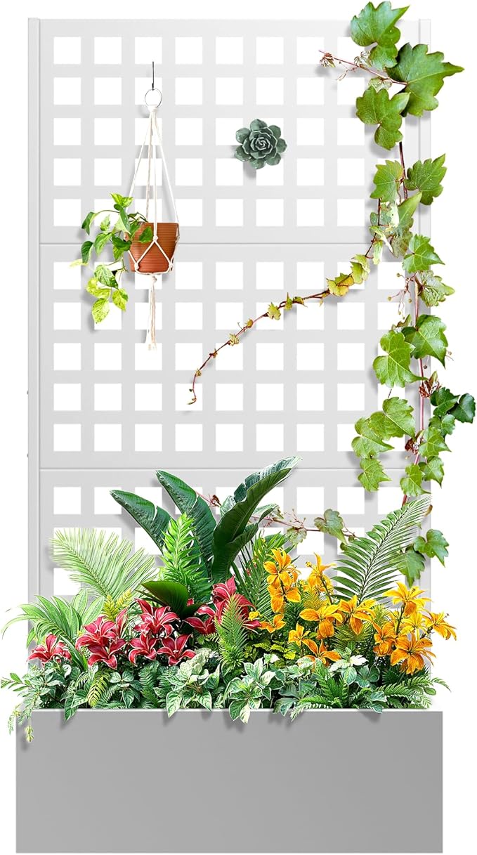 Metal Raised Garden Bed with Trellis for Climbing Plants Vegetable VinesMetal Planter Box with Trellis 71x35x16Trellis with Planter Box &amp Privacy Screen(White)