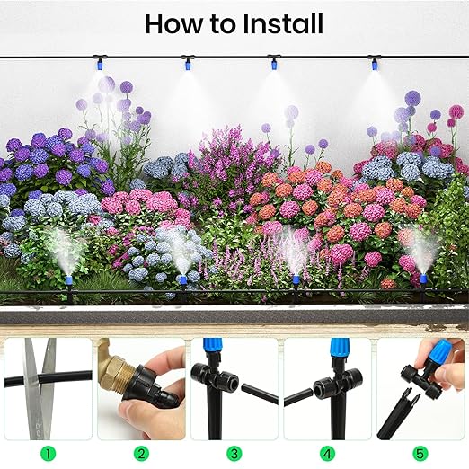 MIXC 65FT Greenhouse Watering System- Quick Efficient Connector Hanging Plant Watering System Automatic Mist Irrigation Kit with 1/4 Blank Tubing and Misting Nozzles