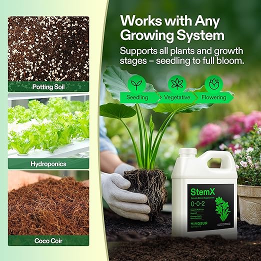 VIVOSUN StemX (0-0-2) Silica for Plants Soluble Liquid Silicon Plant Supplement Fertilizer Nutrient Solution for Strong Stems and Healthy Leaves Boost Resilience pH Balance 32 oz