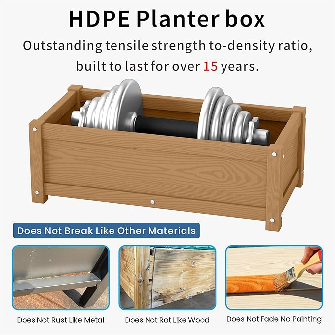 HDPE Planter Box All-Weather Outdoor Garden Bed Easy to Assemble Drainage System Low Maintenance Non-Fading for Flower/Herb/Seed (Teak)