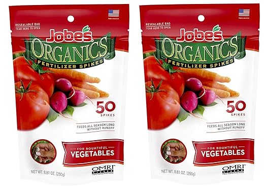 Jobe’s Organics Vegetable &amp Tomato Fertilizer Spikes 2-7-4 Time Release Fertilizer for All Vegetables Herbs and Tomato Plants 50 Spikes per Package (2 1 Pack)