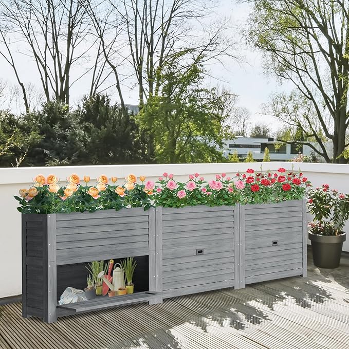 Raised Garden Bed with Extra Storage Compartments Outdoor 34 x 18 x 30 Wood Elevated Garden Box Wooden Planter Box for Herbs Vegetables Flowers Backyard Patio Balcony