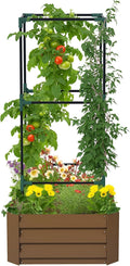 Outsunny Galvanized Raised Garden Bed 55 Tall Outdoor Planter Box with Trellis Tomato Cage and Open Bottom for Climbing Vines Vegetables Flowers in Backyard Garden Patio Brown