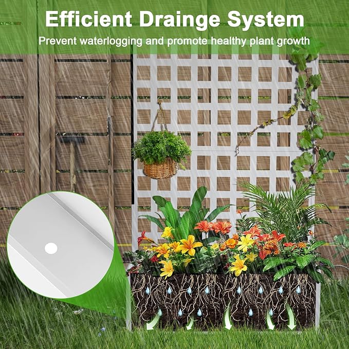 CuisinSmart Metal Raised Garden Bed with Trellis 70.87x46.46x11.81 Planter Box for Climbing Plants Vegetables &amp Vines Features Drainage Holes and Privacy Screen