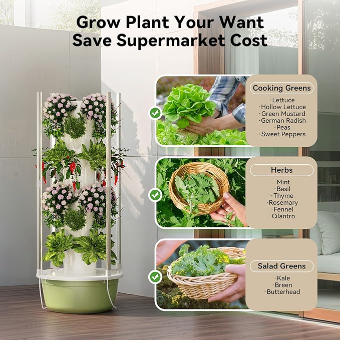 BAOSHISHAN Hydroponics Growing Tower 7-Layer 28pod Hydroponic Tower with Foldable LED Light Space-Saving Indoor Vertical Hydroponics Growing System for Vegetable Herb Fruit