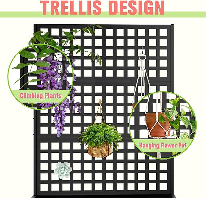 Metal Planter Box with Trellis Raised Garder Bed with Drainage Hole Privacy Screen &amp Trellis for Climbing Plants Outdoor Plant Stands 47''L×17''W×71''H Black
