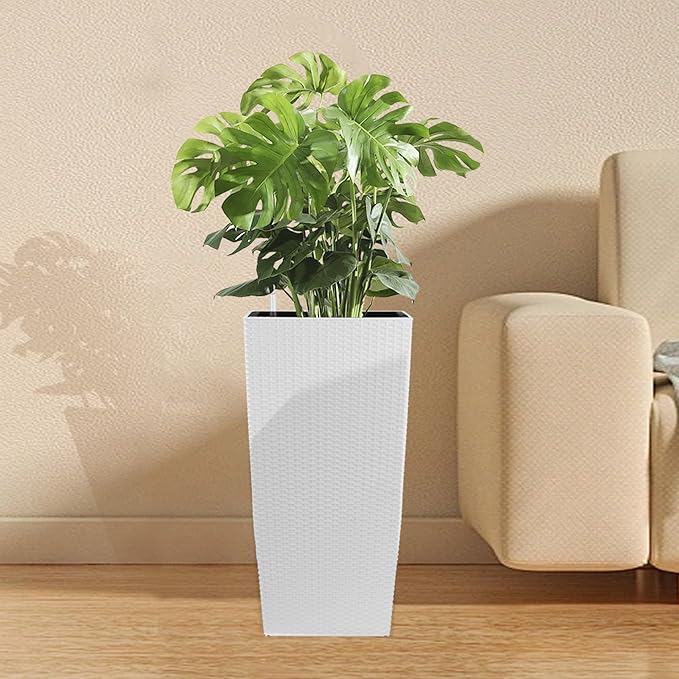 IndoorOutdoor Faux Rattan Square Planter 22.6 inch White Plastic Large Planter with Automatic Watering System for Home and G(White 22.6 inch 2 Pack)