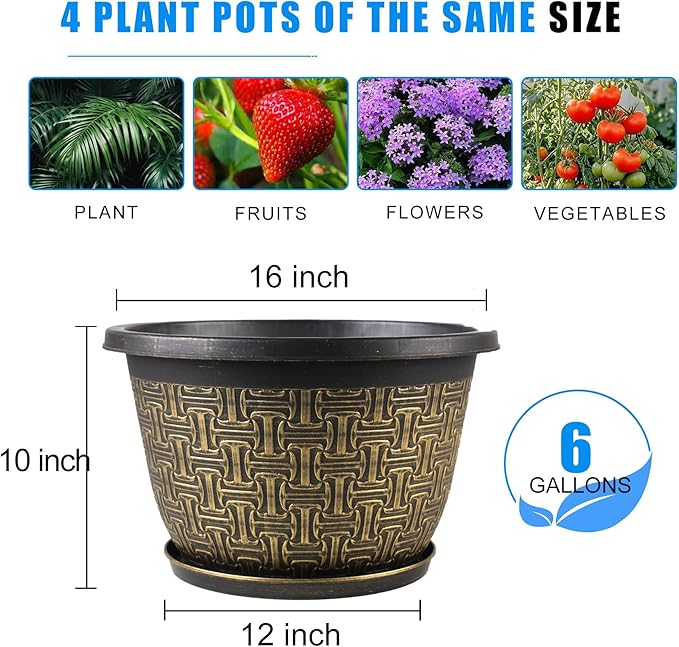 4 Pack 16 Inch PlanterLarge Plastic Flower Pots Outdoor Indoor with Drainage Holes &amp Trays Retro Antique Imitation Decorative Garden Plant Pots Outdoor for Houseplants