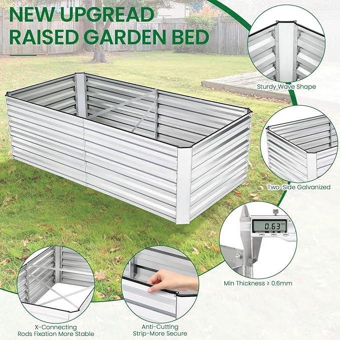 6x3x2FT Raised Garden Bed Kit Galvanized Planter Raised Garden Boxes Outdoor w/Anti Cutting Strip &amp A pair of gloves Deep Root Raised Planter for Vegetables Fruits Flowers and Herbs Silver