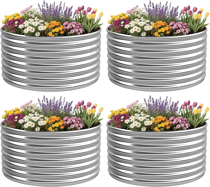 4 Pack 2x2FT Round Raised Beds for Gardening Corrugated Galvanized Steel Raised Garden Bed Outdoor Metal Above Ground Garden Bed for Vegetables and Flowers-2x2FTx10Inch