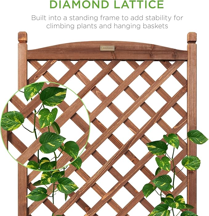 Best Choice Products 48in Wood Planter Box &amp Diamond Lattice Trellis Mobile Outdoor Raised Garden Bed for Climbing Plants w/Drainage Holes Optional Wheels - Walnut