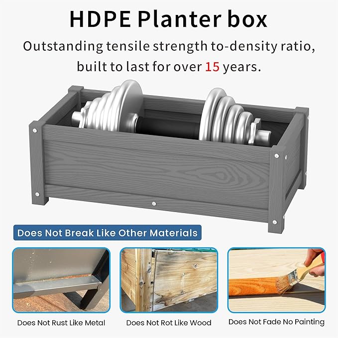 HDPE Planter Box All-Weather Outdoor Garden Bed Easy to Assemble Drainage System Low Maintenance Non-Fading for Flower/Herb/Seed (Gray)