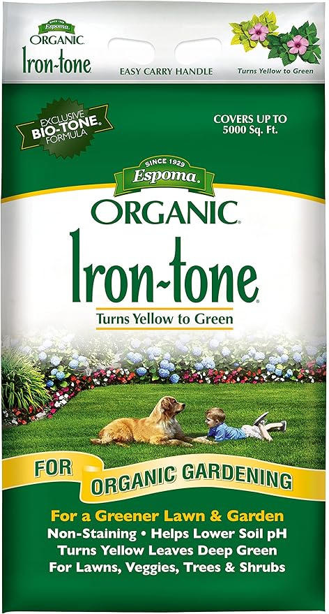 Espoma Organic Iron-Tone 3-0-3 Organic Fertilizer and Plant Food to Help Correct Iron Deficiency (Chlorosis). 20 lb. Bag. Turns Yellow to Green Non Staining Iron
