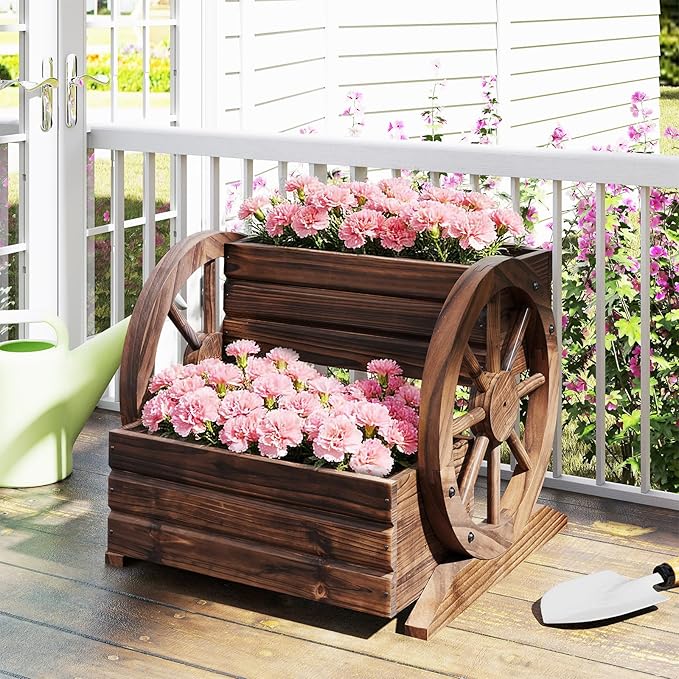 HAPPYGRILL Wood Wagon Planter Box 2-Tier Rustic Raised Garden Bed w/Wheels Drainage Holes for Vegetables Flowers Indoor Outdoor Decorative Planter Container Flower Cart for Patio Balcony (1)