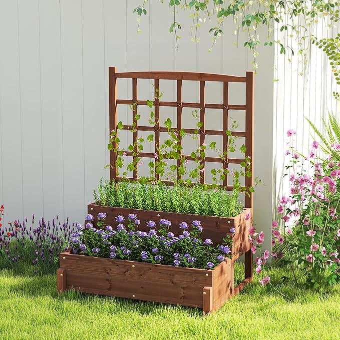2-Tier Planter Box with Trellis Wood Garden Freestanding Elevated Planter with Legs Hanging Roof Drainage Holes for Vine Climbing Plants Flowers Raised Garden Bed for Garden Patio Yard
