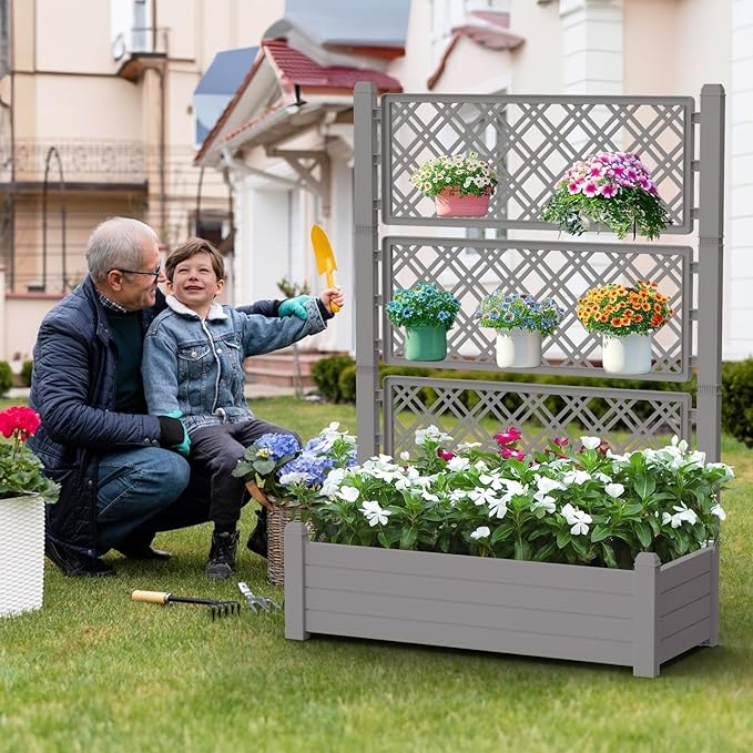 43.43×18.27×59.29IN Resin Planter Raised Beds with SteelsRaised Garden Bed Outdoor Waterproof &amp UV ResistantElevated Garden Beds for BackyardPatio &amp Balcony(Grey)