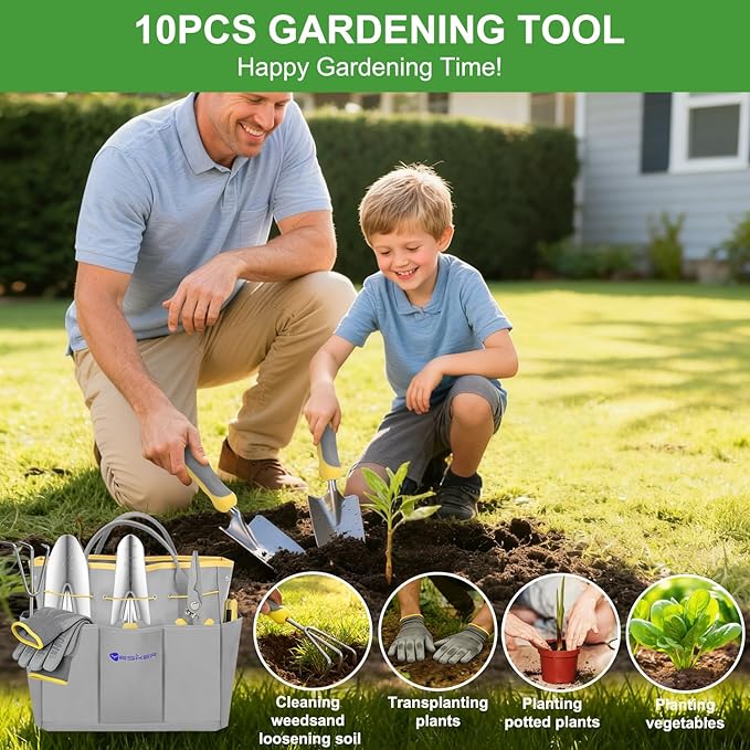 Yesker Gardening Tools 10-Piece Heavy Duty Garden Tool Set Gardening Supplies Gifts for Women Men Gardening Hand Tool Kit w Non-Slip Ergonomic Handle Garden Bag Durable Gloves Pruning Shears Gray