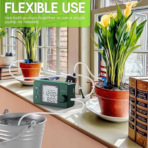 Automatic Watering System Dual Pump for Indoor Plants Built-in Rechargeable Battery Two Independent Water Zones Worry-Free Vacation Drip Irrigation Kit Water-Saving Smart Plant Waterer Green