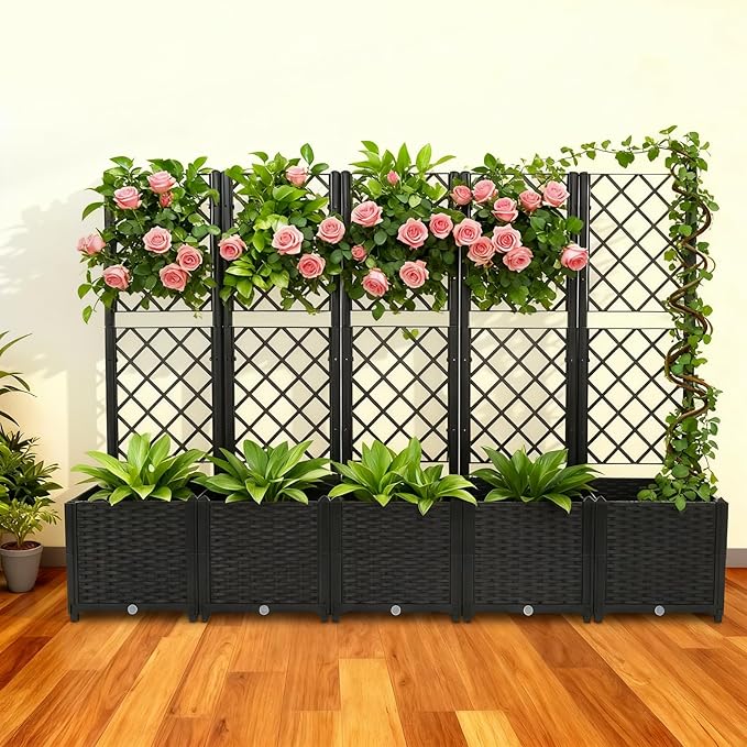 5 PCS Plastic Plant Sturdy Raised Garden Bed with Trellis 56 H Horticulture Outdoor Raised Box Privacy Screen for Patio Balcony Garden Planter Box for Backyard Patio (Gray)