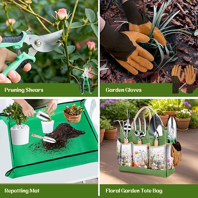 Garden Tools 9-Piece Heavy Duty Gardening Hand Tools with Floral Organizer Tote Bag Rust-Proof Garden Tool Set Thickened Repotting Mat Gardening Gifts for Women Mom Green