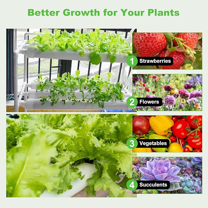 Hydroponics Growing System Kit 90 Plant Sites 3 Layer 10 Food-Grade PVC-U Pipes Hydroponic Planting Set with Water Pump Pump Timer Nest Basket and Sponge for Leafy Vegetables