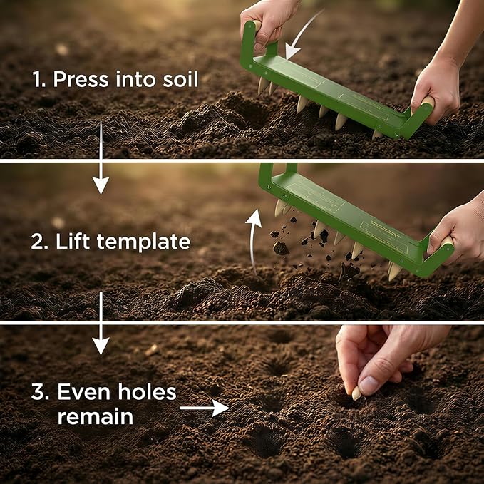 Seed Spacer Tool - Innovative Steel Gardening Template for Organized Planting &amp Bigger Yields – DIY Layout with Interchangeable Pegs Ergonomic Wooden Handle