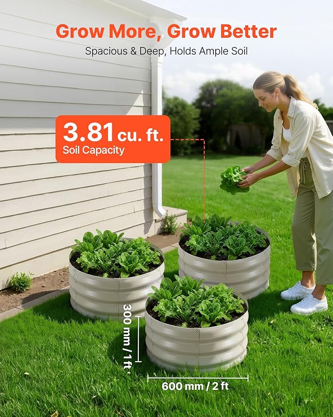 VEVOR 3 Pcs 2x2x1ft Round Raised Garden Bed Kit Outdoor Metal Galvanized Raised Beds for Gardening Vegetables Easy Assembly Garden Planter Box for Flowers Fruits