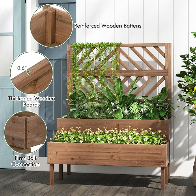 Raised Garden Bed with Trellis &amp 2 Planter Boxes 2-Tier Outdoor Wooden Elevated Planter Box with Legs &amp Drainage Holes Gardening Planters for Flowers Herbs Vegetables &amp Fruits(Brown)