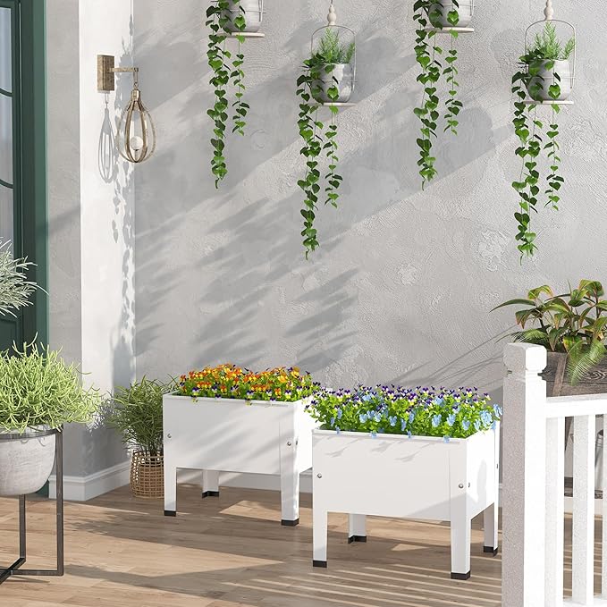 aboxoo 2 Packs 14 Inch Small Planter Raised Garden Bed with LegsOutdoor Metal Planter Box for PatioElevated Garden Bed for Vegetables Flower Herb(White)