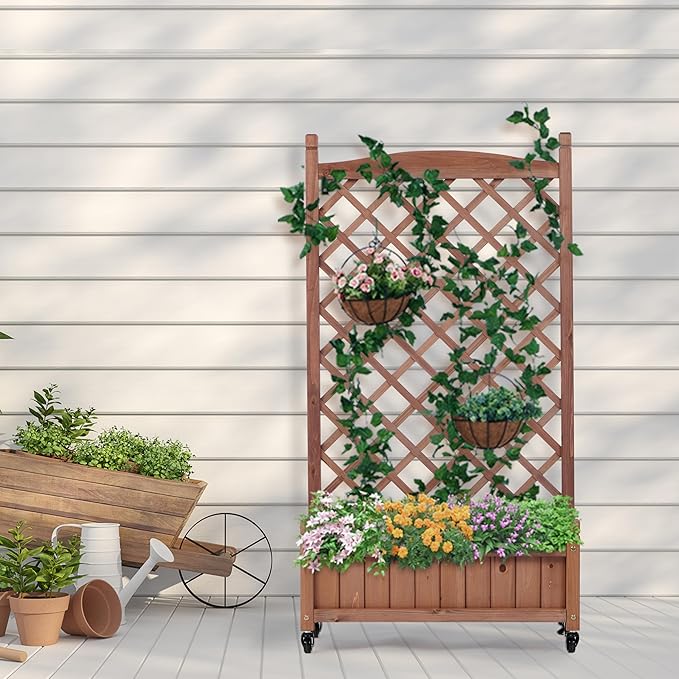 2 Pack Raised Garden Bed with Trellis and Wheels Planter Boxes Outdoor for Climbing Plants Raised Flower Bed with Drainage Raised Beds for Gardening 42.3 Tall (Brown)