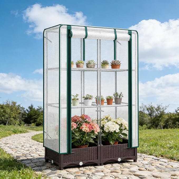 Plant Box with Trellis and Greenhouse Cover Raised Garden Bed with Self-Watering Reservoir &amp Drainage Vertical Planter for Climbing Plants 31.5 L x 15.7 W x 48.8 H Brown