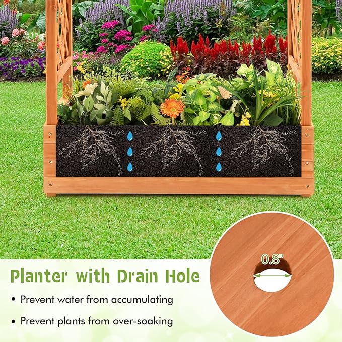 Raised Garden Bed with Trellis Wood Planter Box with Arch Trellis Hanging Roof &amp Drainage Holes Outdoor Elevated Planter for Garden Climbing Plants Flowers Vegetables (1)