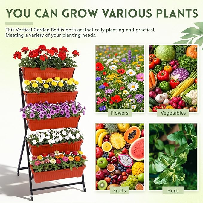 2 Pack 5 Tier Vertical Garden Planter with Wheels 4.5 ft Raised Garden Bed for Strawberry Herb Vegetable Flower Stackable Planter Boxes with Drainage for Patio Indoor Outdoor(Brick Red)