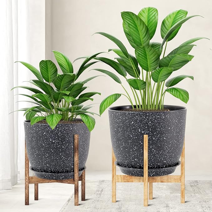 WOUSIWER Plant Pots 10/9/8 inch Set of 3 Modern Decorative Plastic Planters with Drainage Holes and Saucers for House Plants Indoor Flowers Plants Black with White Speckles