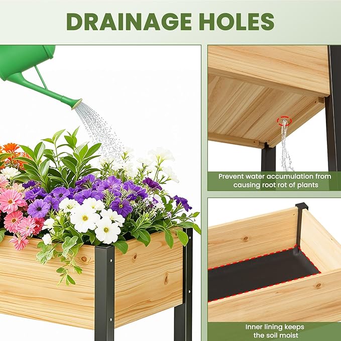 SUNYRISY Wooden Raised Garden Bed Outdoor with Metal Legs for Gardening 45.6 L x 23.6 W x 31.5 H Elevated Planter Garden Box Raised Bed for Vegetable Flower Herb
