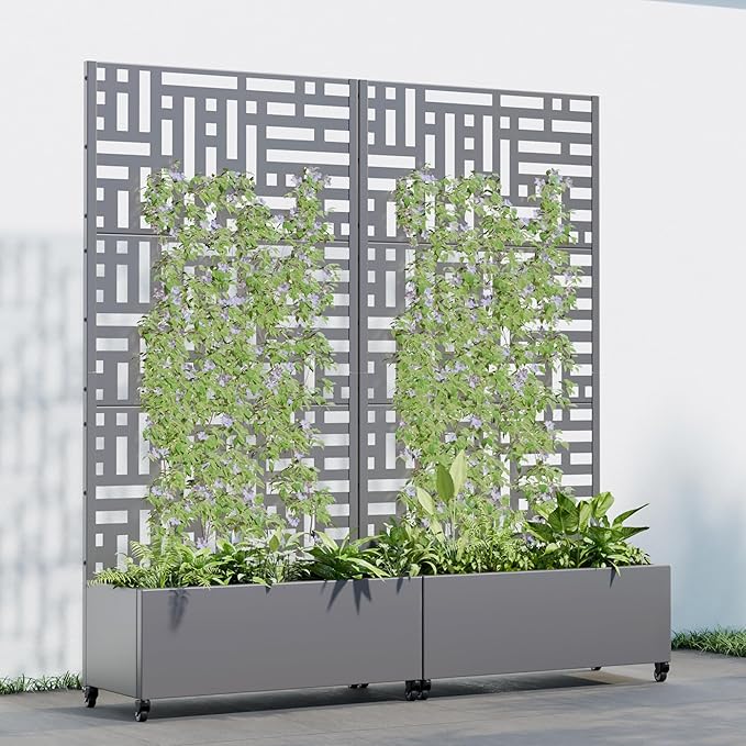 Casaphoria 72x35 Metal Raised Garden Bed with Trellis(2 Pack) Outdoor Planter Box with Wheels &amp Drainage Holes for Climbing Plants Flowers Elevated Garden Kit with Privacy Screen Grey-Helen